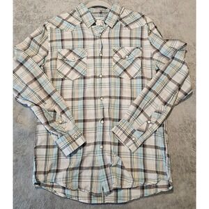 Warp and Weft Shirt Mens M Gray Blue Western Pearl Snap Plaid Stretch Country